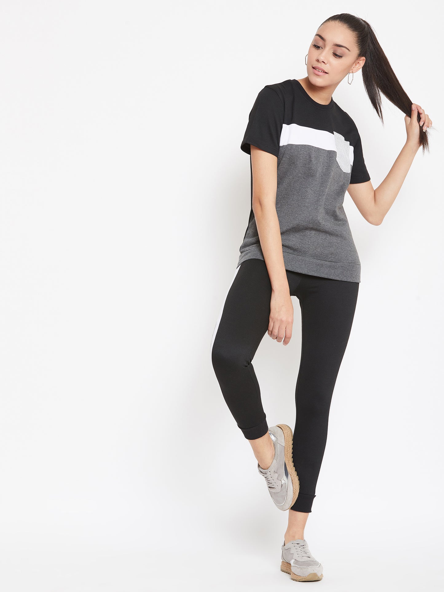 Austin Wood Women's Charcoal Half Sleeves Round Neck Tracksuit