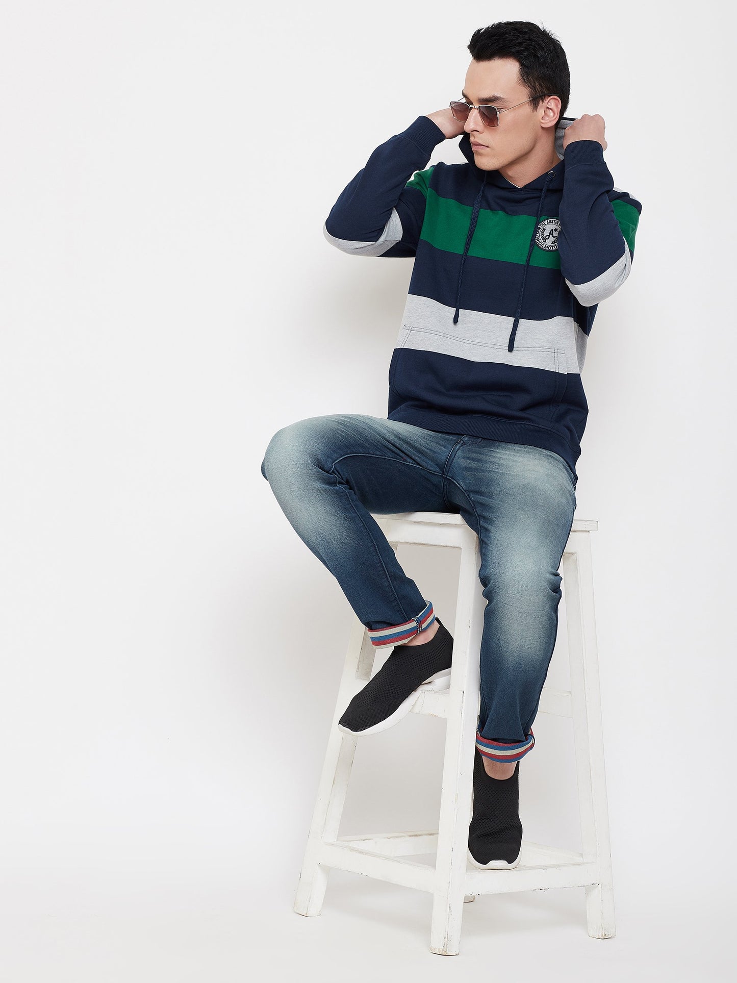 Men's Navy Blue Striper Hooded Sweatshirt