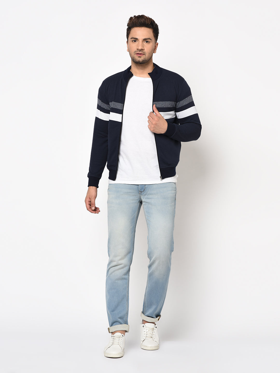 Austin wood Mens Navy Blue Long Sleeves High Neck Striped Sweatshirt