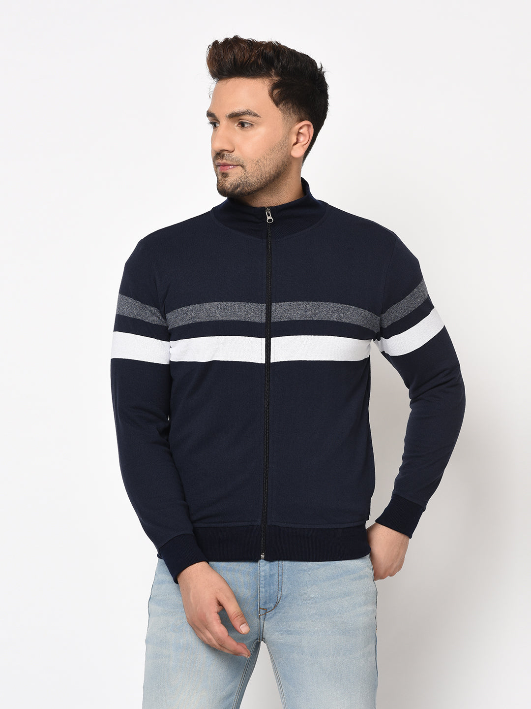 Austin wood Mens Navy Blue Long Sleeves High Neck Striped Sweatshirt