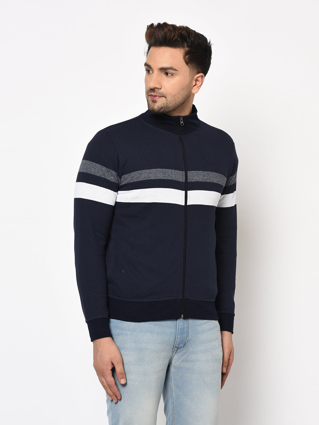 Austin wood Mens Navy Blue Long Sleeves High Neck Striped Sweatshirt