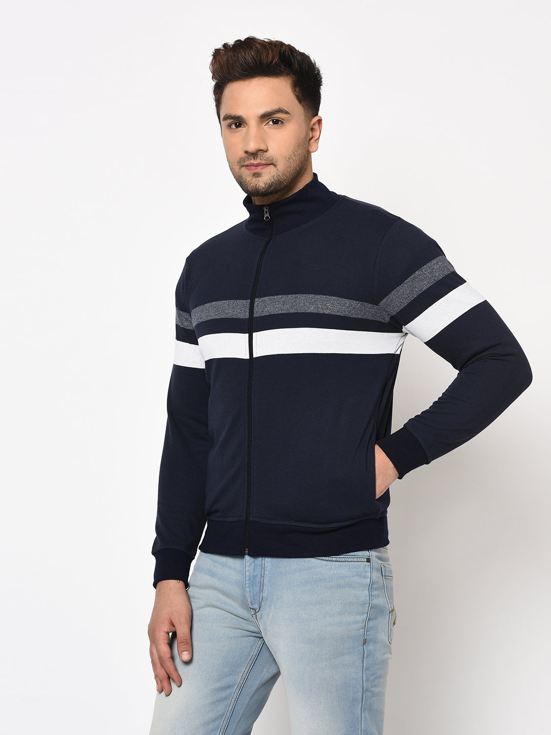 Austin wood Mens Navy Blue Long Sleeves High Neck Striped Sweatshirt