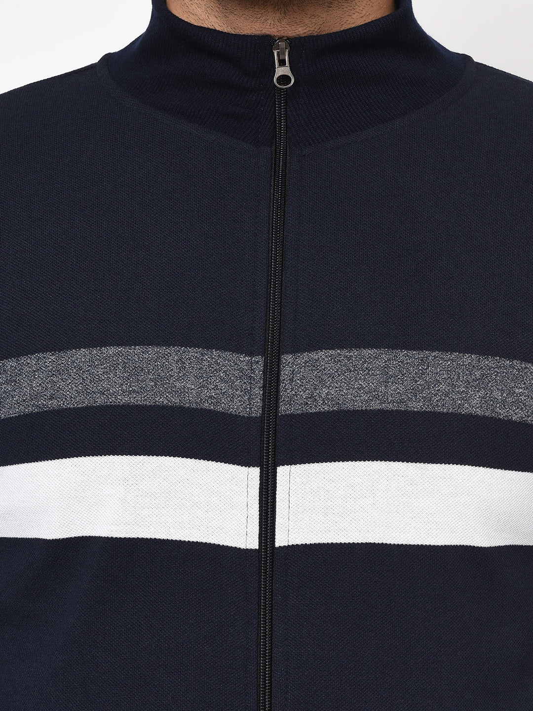 Austin wood Mens Navy Blue Long Sleeves High Neck Striped Sweatshirt