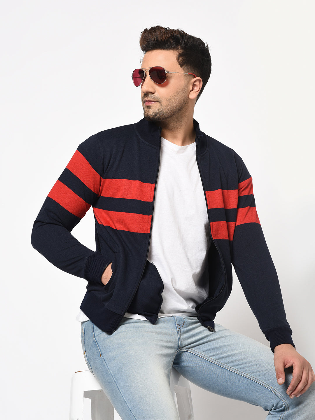 Austin wood Mens Navy Blue Long Sleeves High Neck Striped Sweatshirt