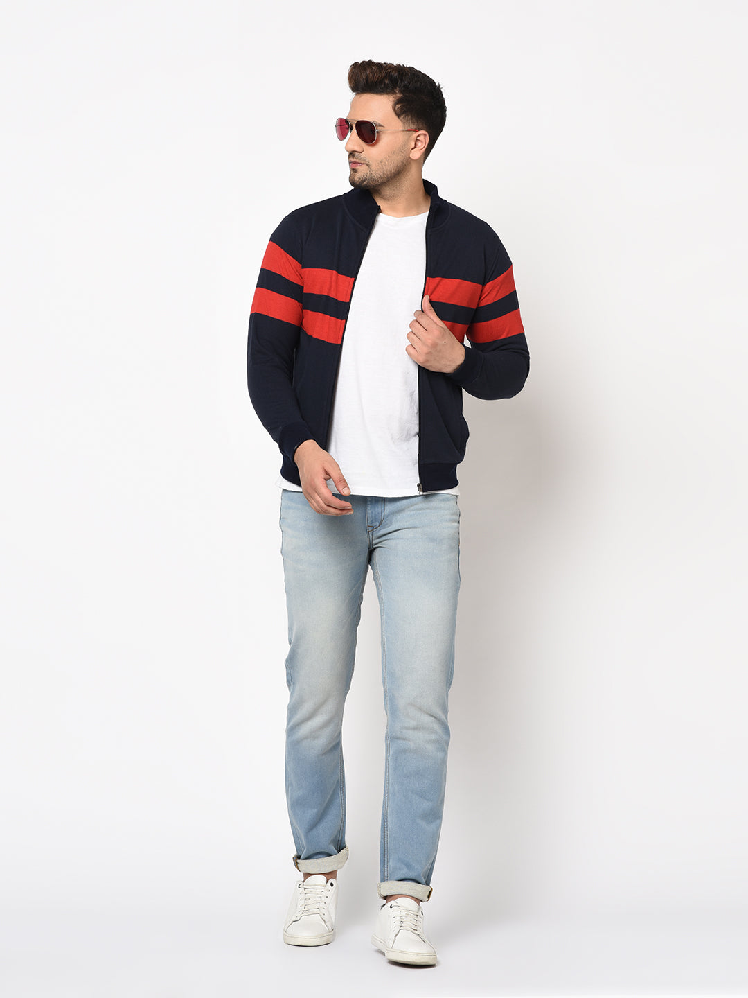 Austin wood Mens Navy Blue Long Sleeves High Neck Striped Sweatshirt