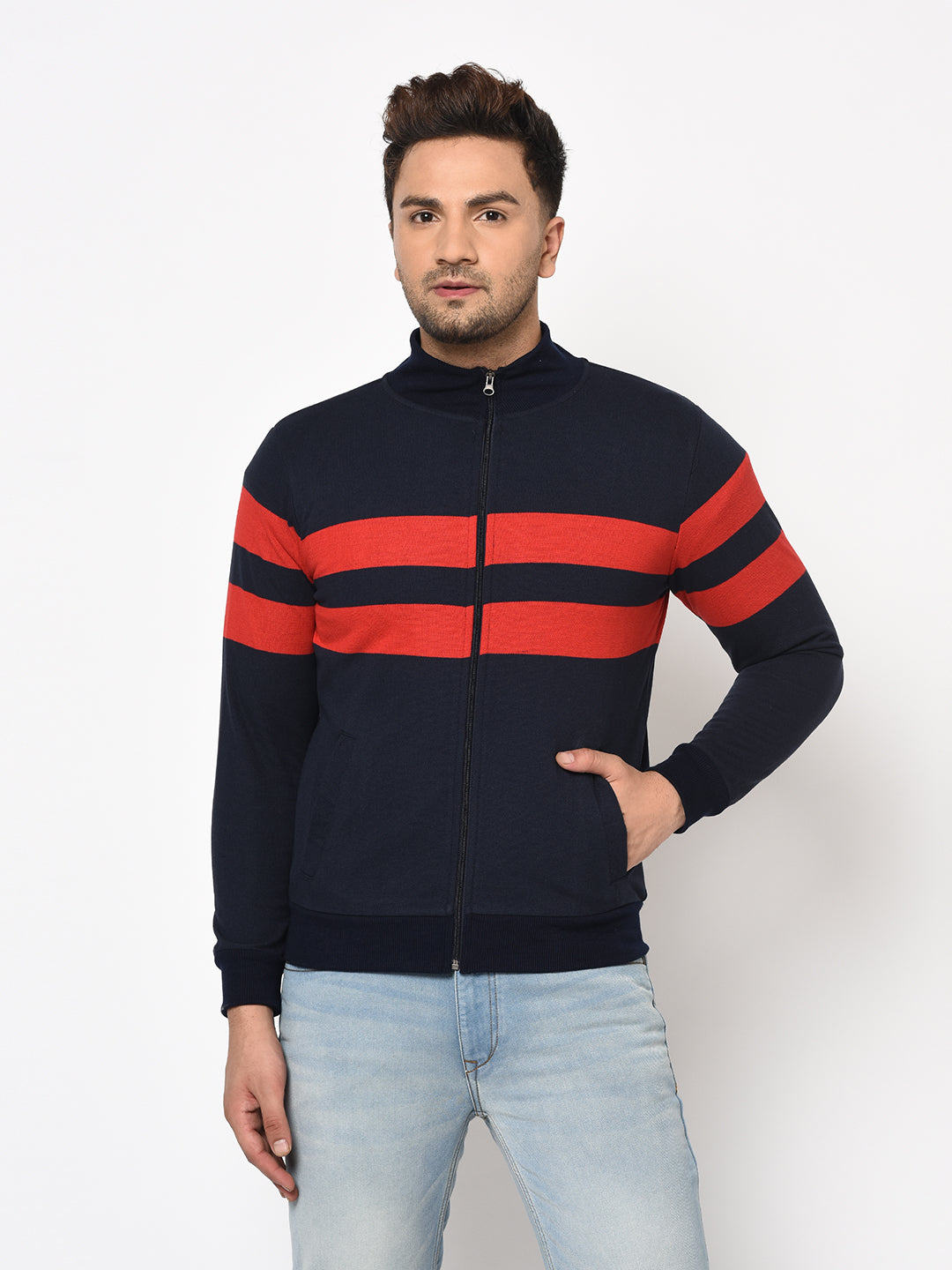 Austin wood Mens Navy Blue Long Sleeves High Neck Striped Sweatshirt