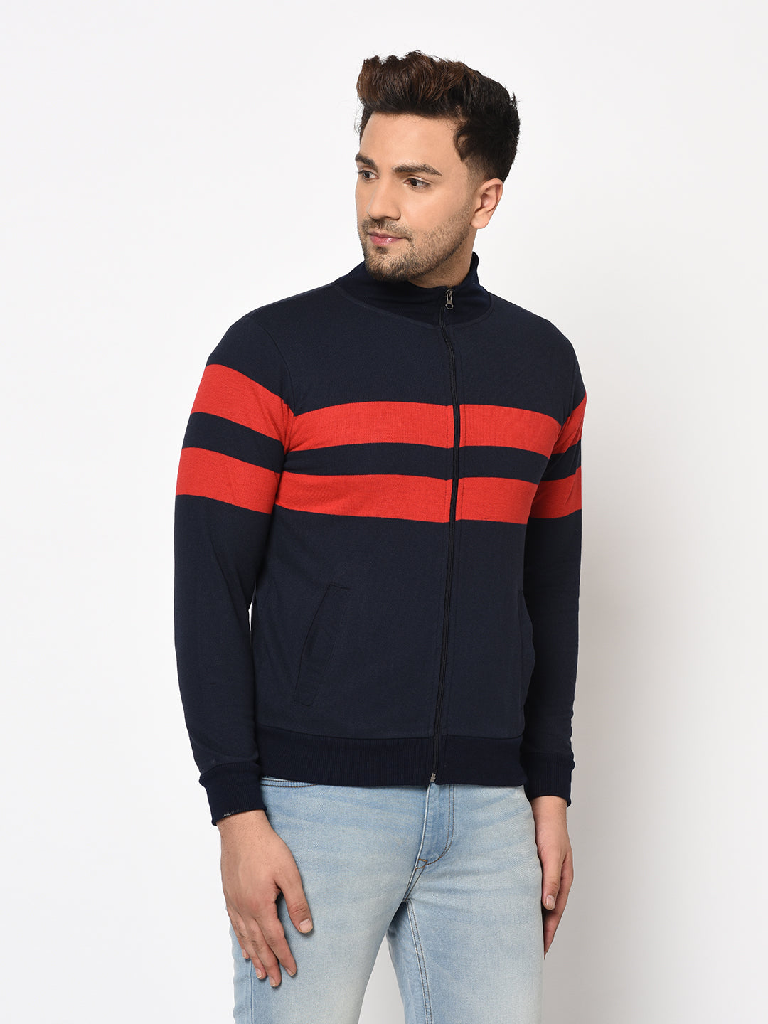 Austin wood Mens Navy Blue Long Sleeves High Neck Striped Sweatshirt