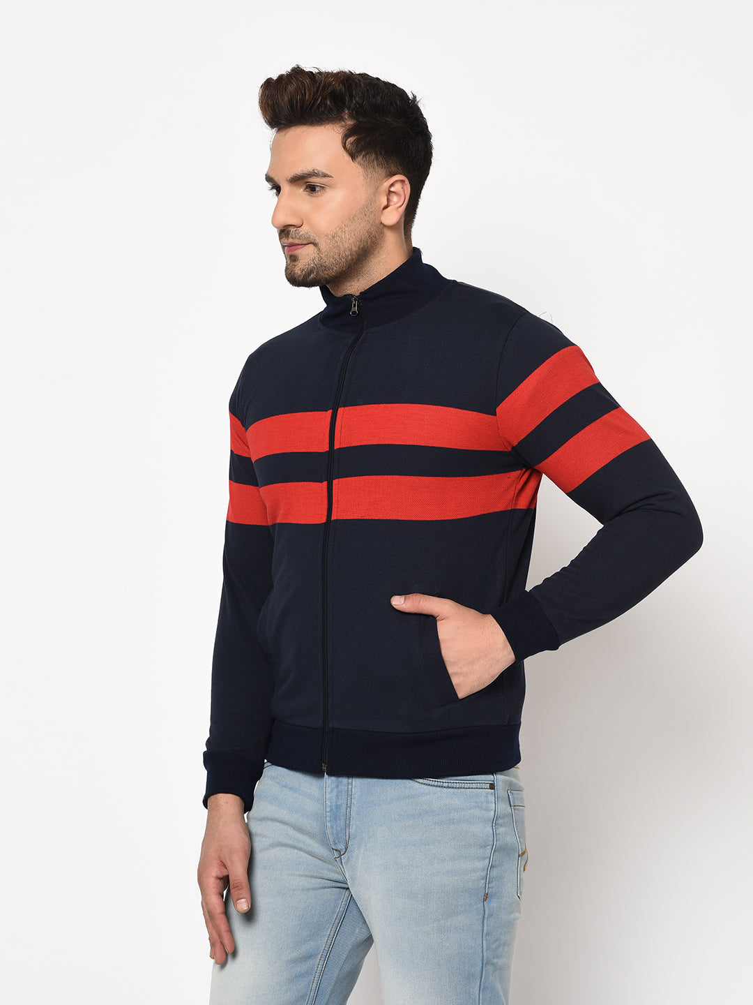 Austin wood Mens Navy Blue Long Sleeves High Neck Striped Sweatshirt