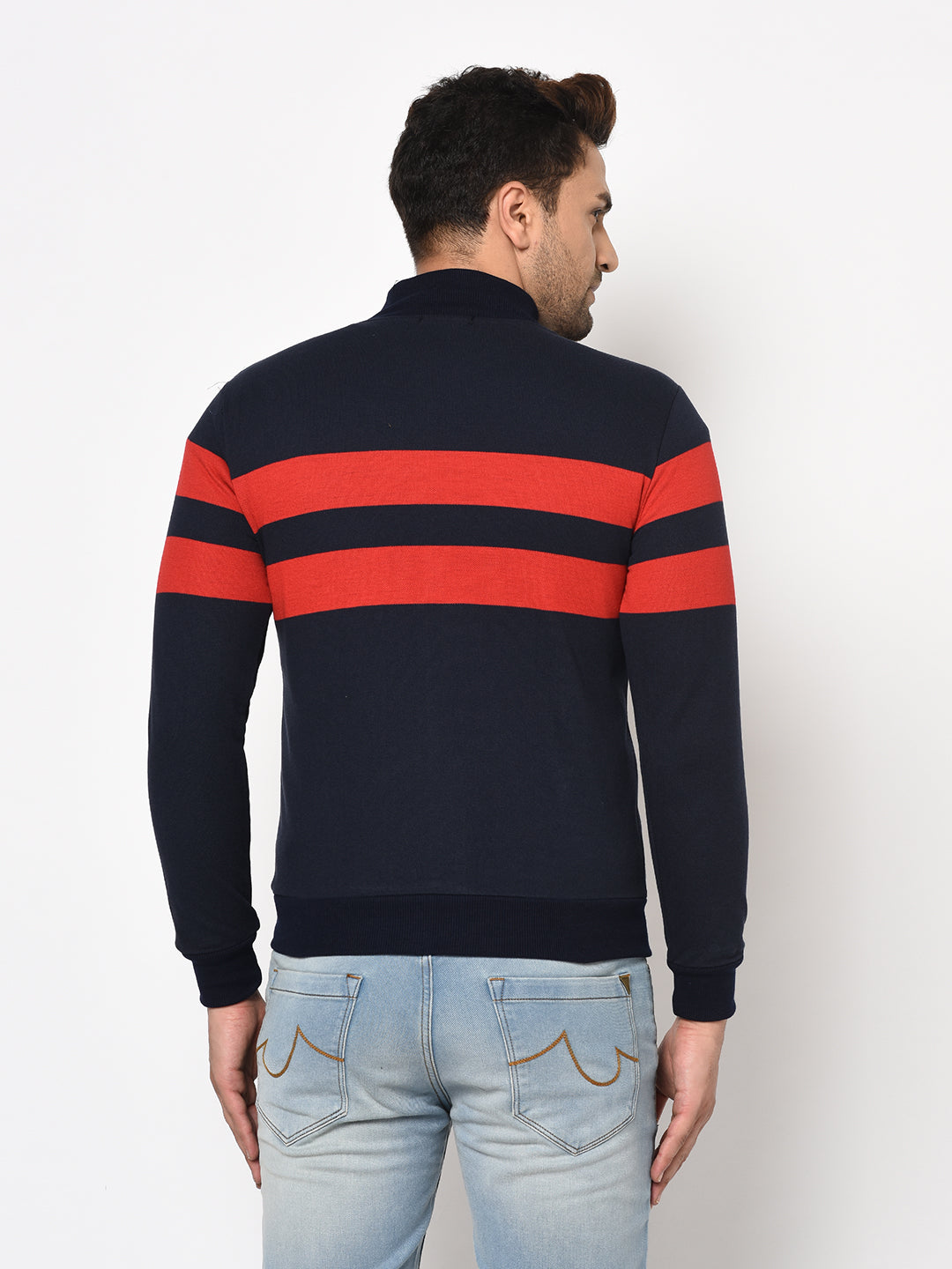 Austin wood Mens Navy Blue Long Sleeves High Neck Striped Sweatshirt