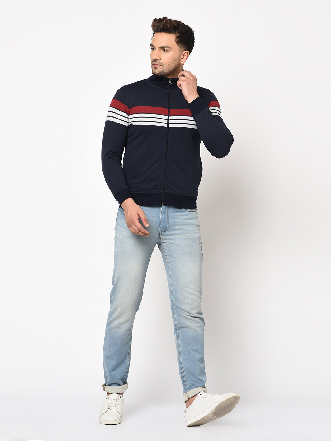 Austin wood Mens Navy Blue Long Sleeves High Neck Striped Sweatshirt