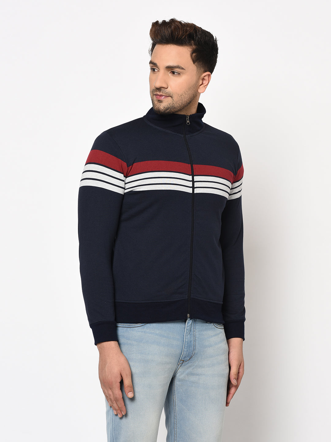 Austin wood Mens Navy Blue Long Sleeves High Neck Striped Sweatshirt