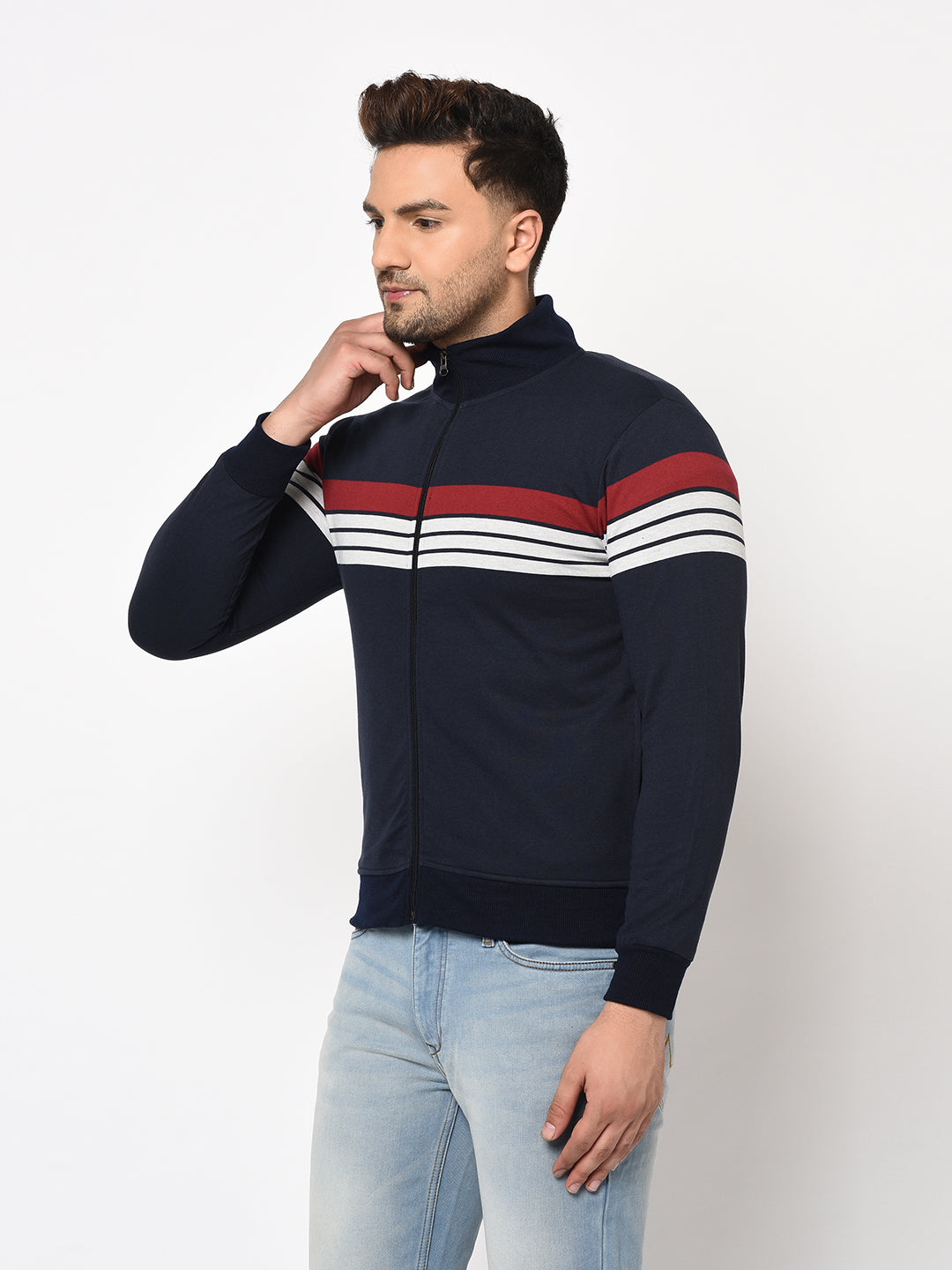 Austin wood Mens Navy Blue Long Sleeves High Neck Striped Sweatshirt