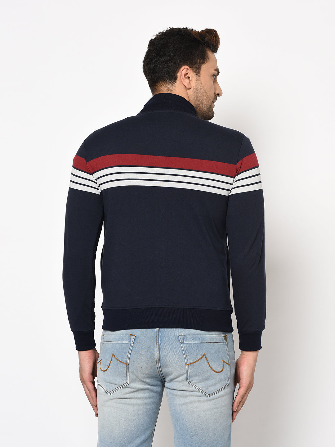 Austin wood Mens Navy Blue Long Sleeves High Neck Striped Sweatshirt