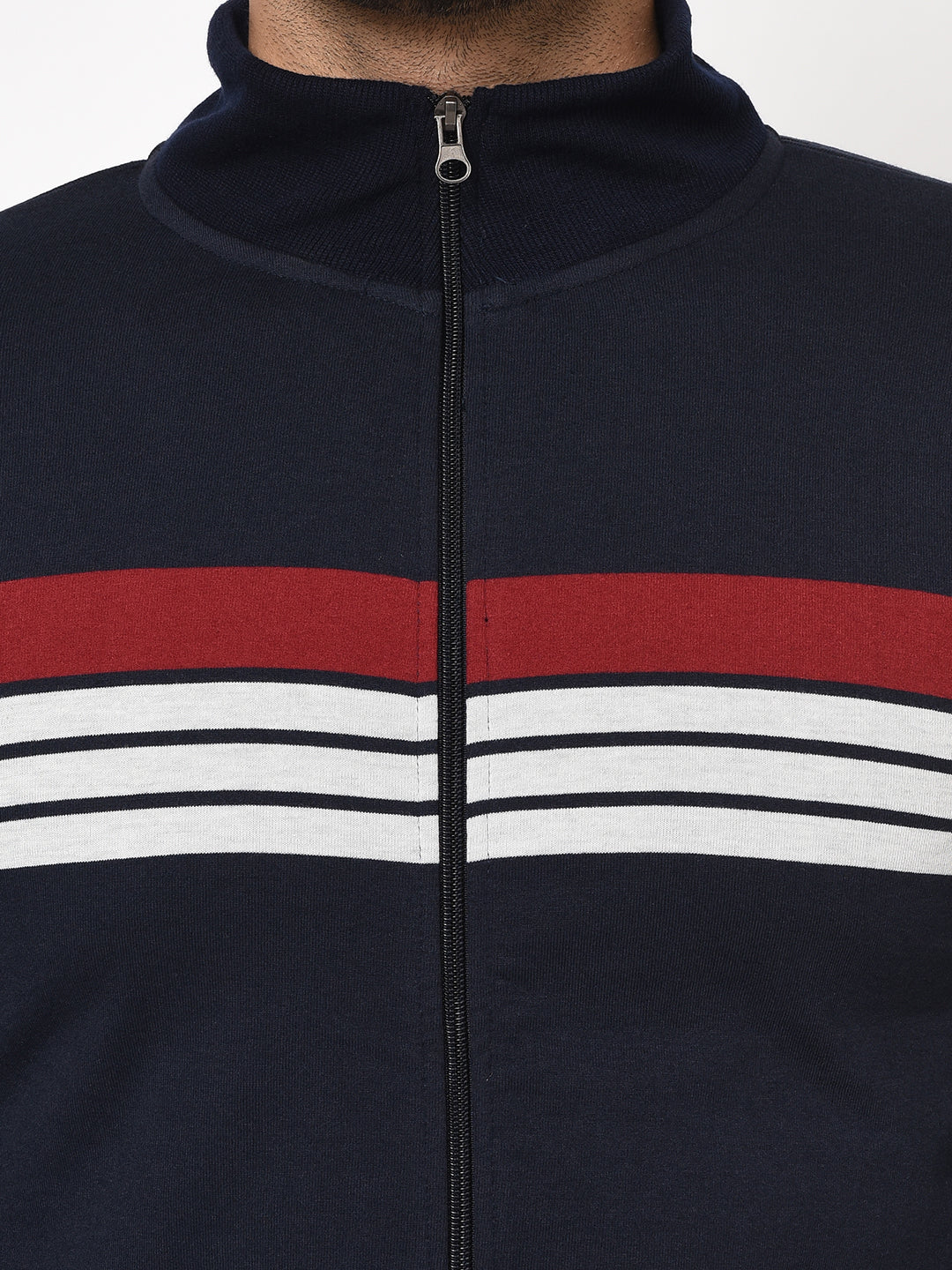 Austin wood Mens Navy Blue Long Sleeves High Neck Striped Sweatshirt