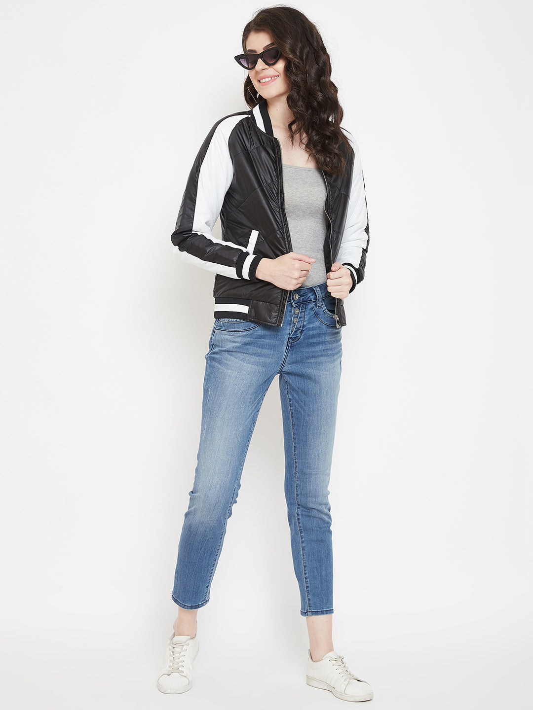 Austin Wood Women's Black Full Sleeves Colorblocked Bomber Neck Jacket