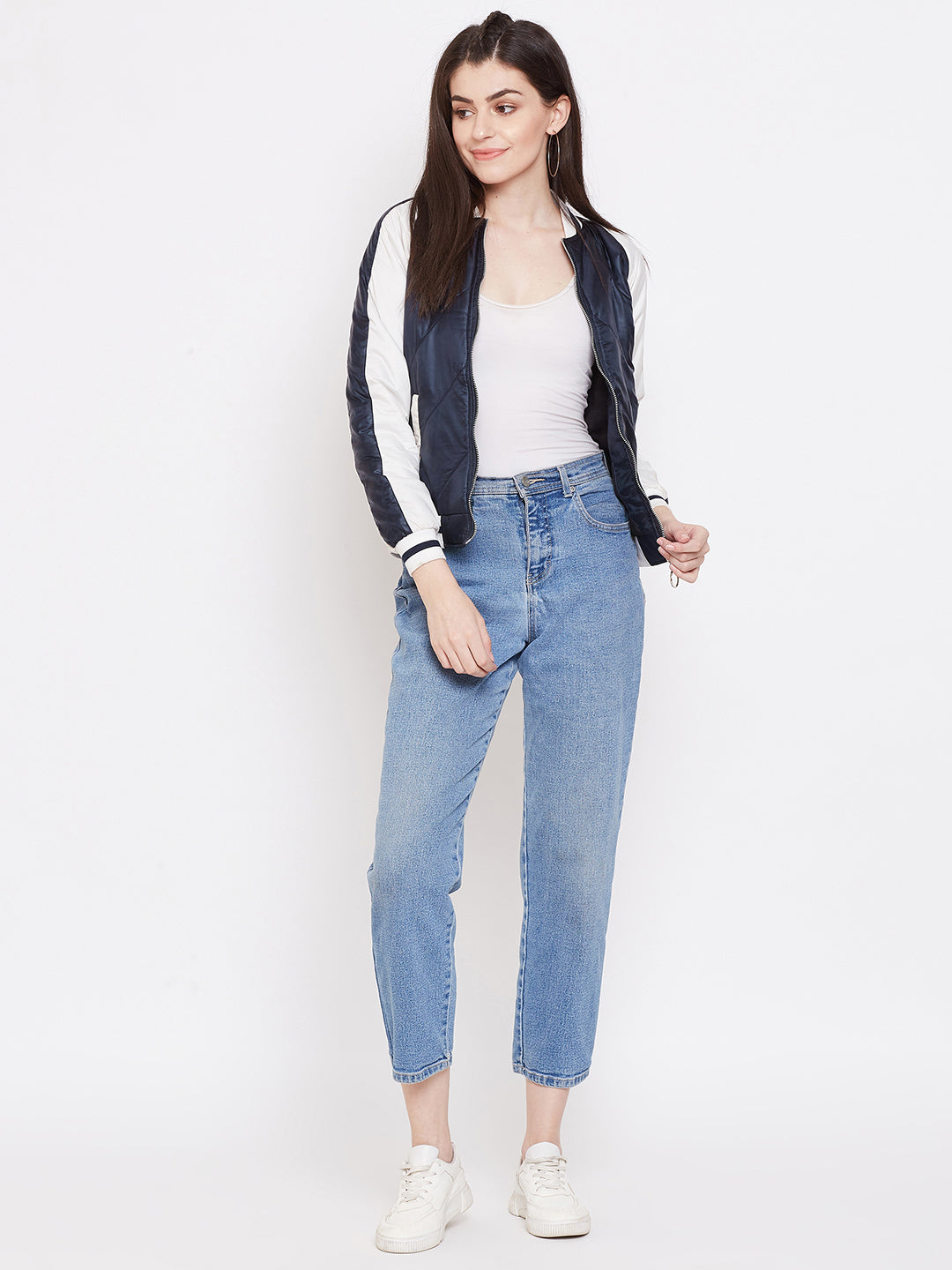 Austin Wood Women's Navy Blue Full Sleeves Colorblocked Bomber Neck Sweatshirt