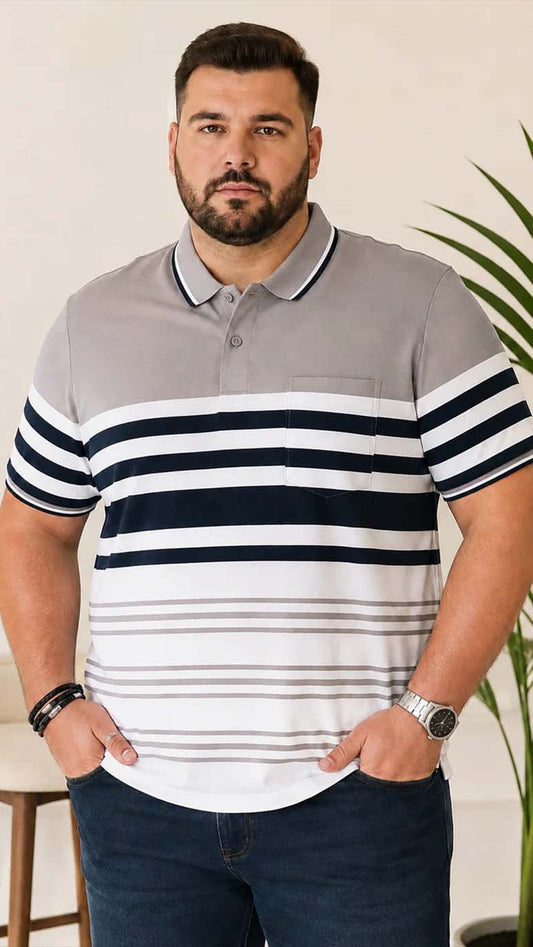 Men’s Plus Size Embroidered Striped Polo T-Shirt
