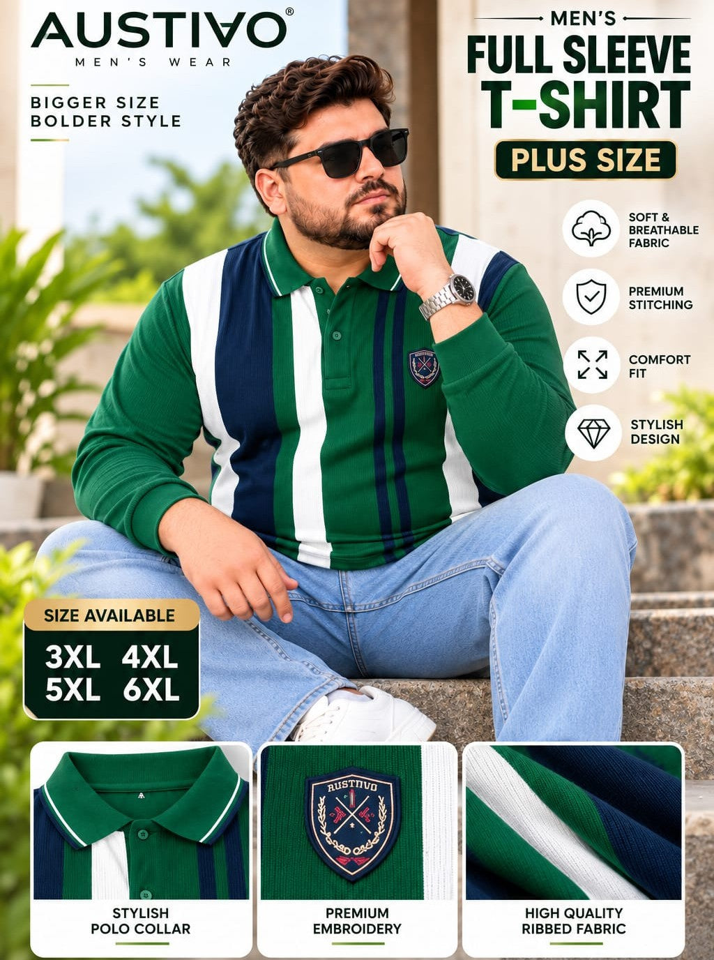 AUSTIVO Men's Plus Size Full Sleeve Polo Neck T-Shirt