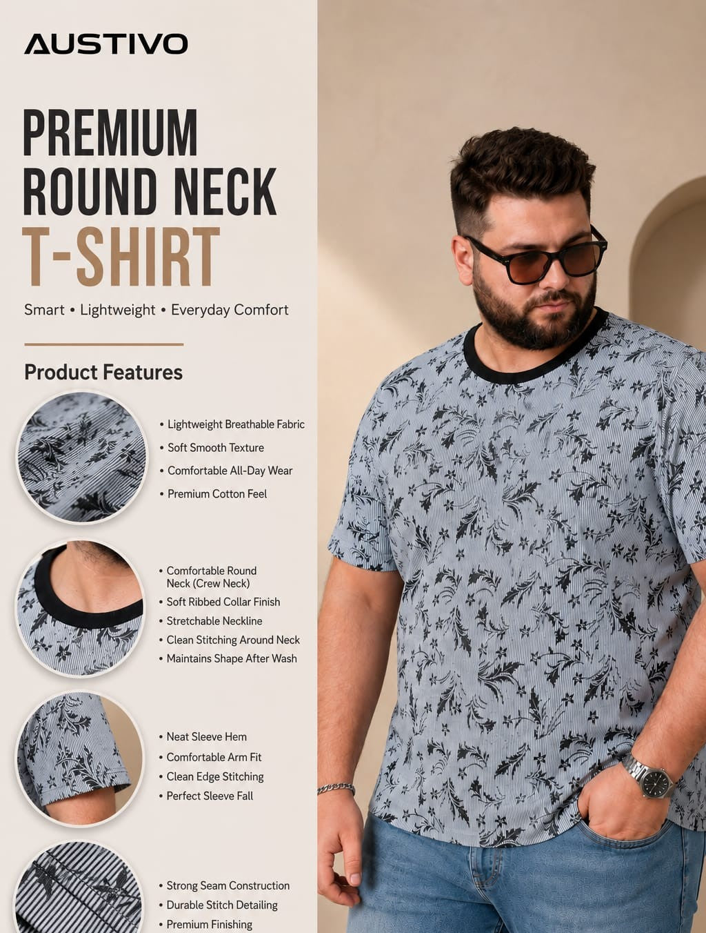 Austivo Men Round Neck Multicolor T-Shirt