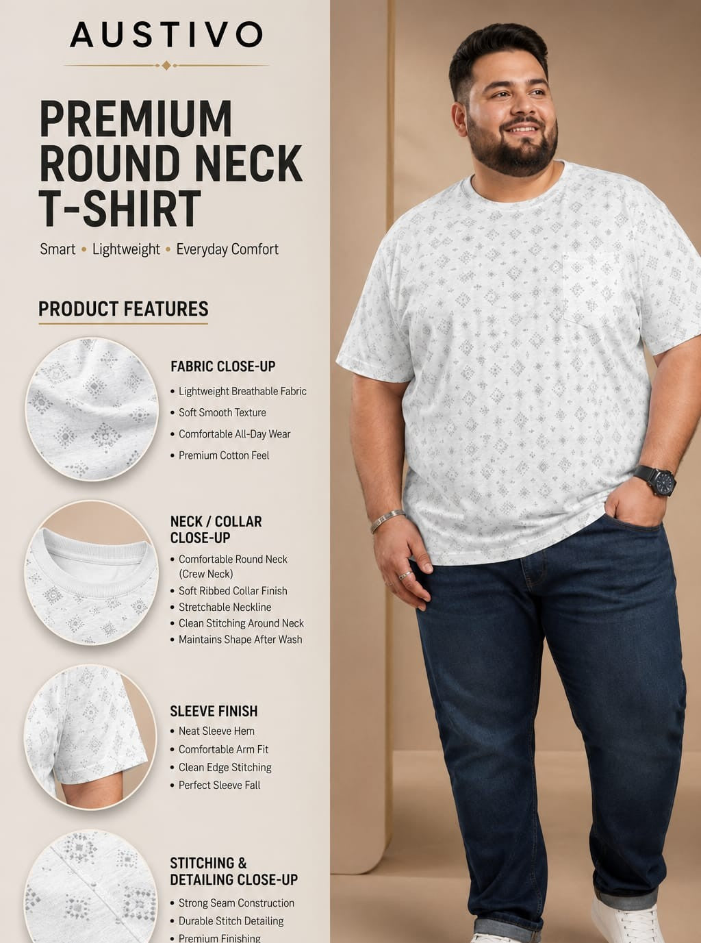 Austivo Men Round Neck Multicolor T-Shirt
