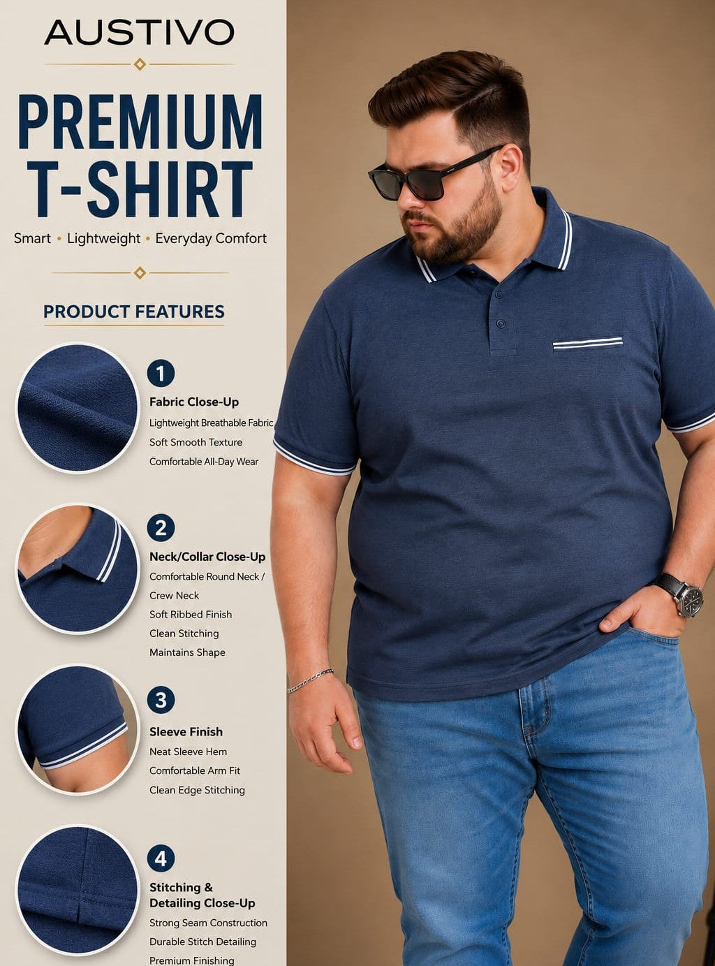 Austivo Men's Pocket  Polo Neck T-shirt