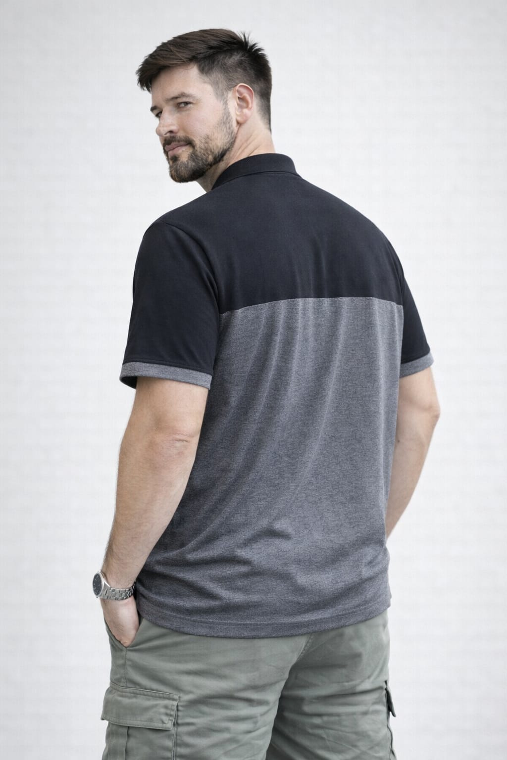 Grey Self Design Polo T-shirt