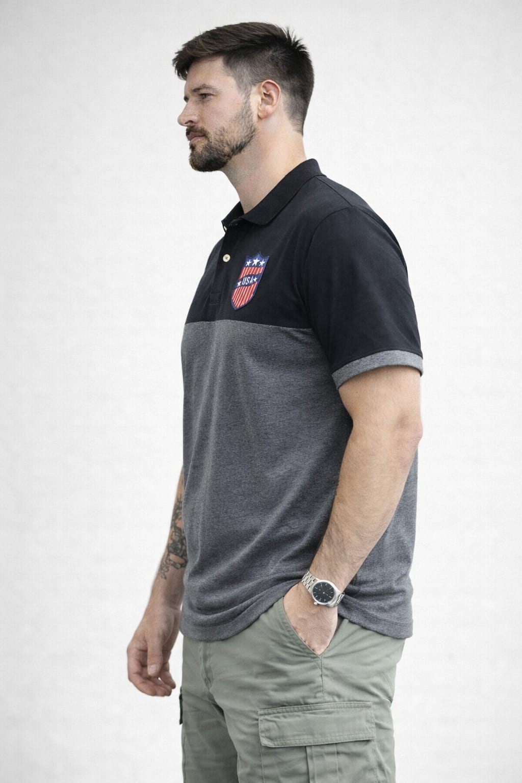 Grey Self Design Polo T-shirt