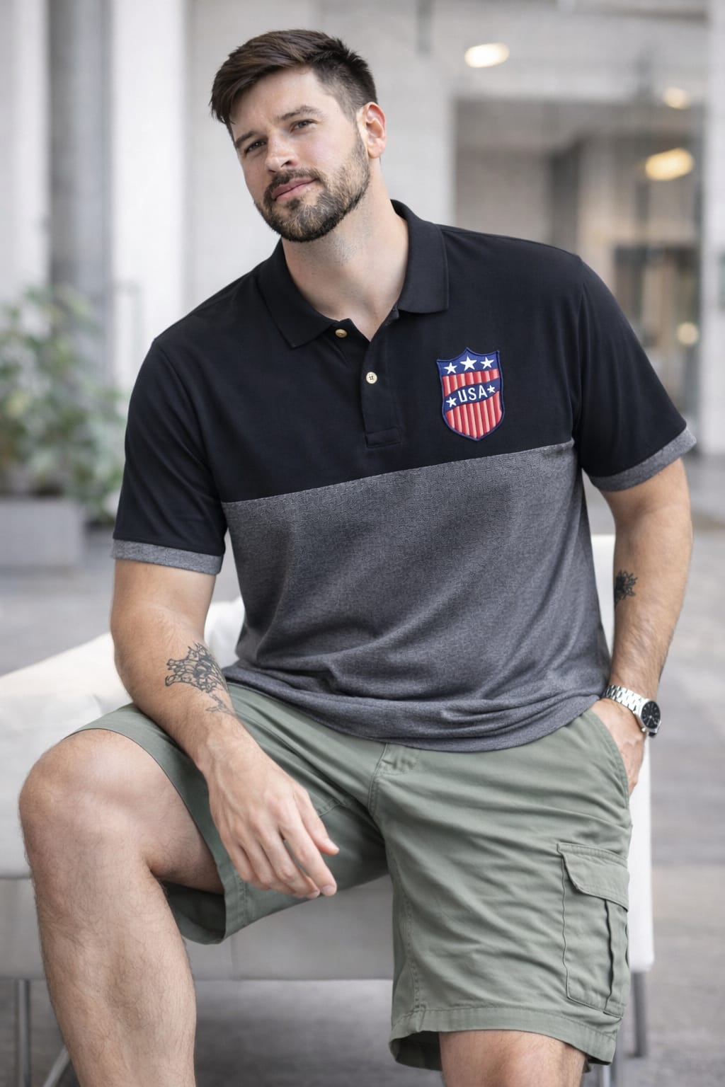 Grey Self Design Polo T-shirt