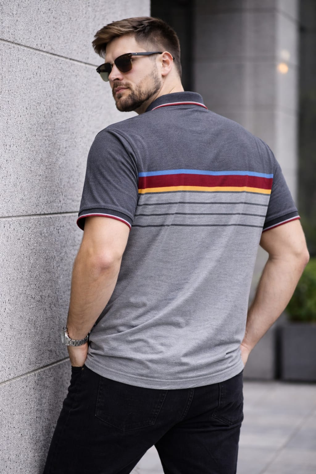 Grey Striper Polo T-shirt 3XL / Grey / cotton blend