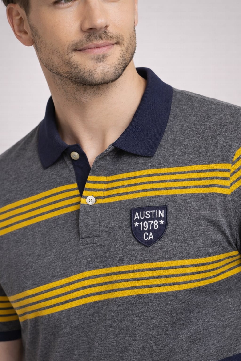 Austin Wood Grey Stripers Polo T-shirt