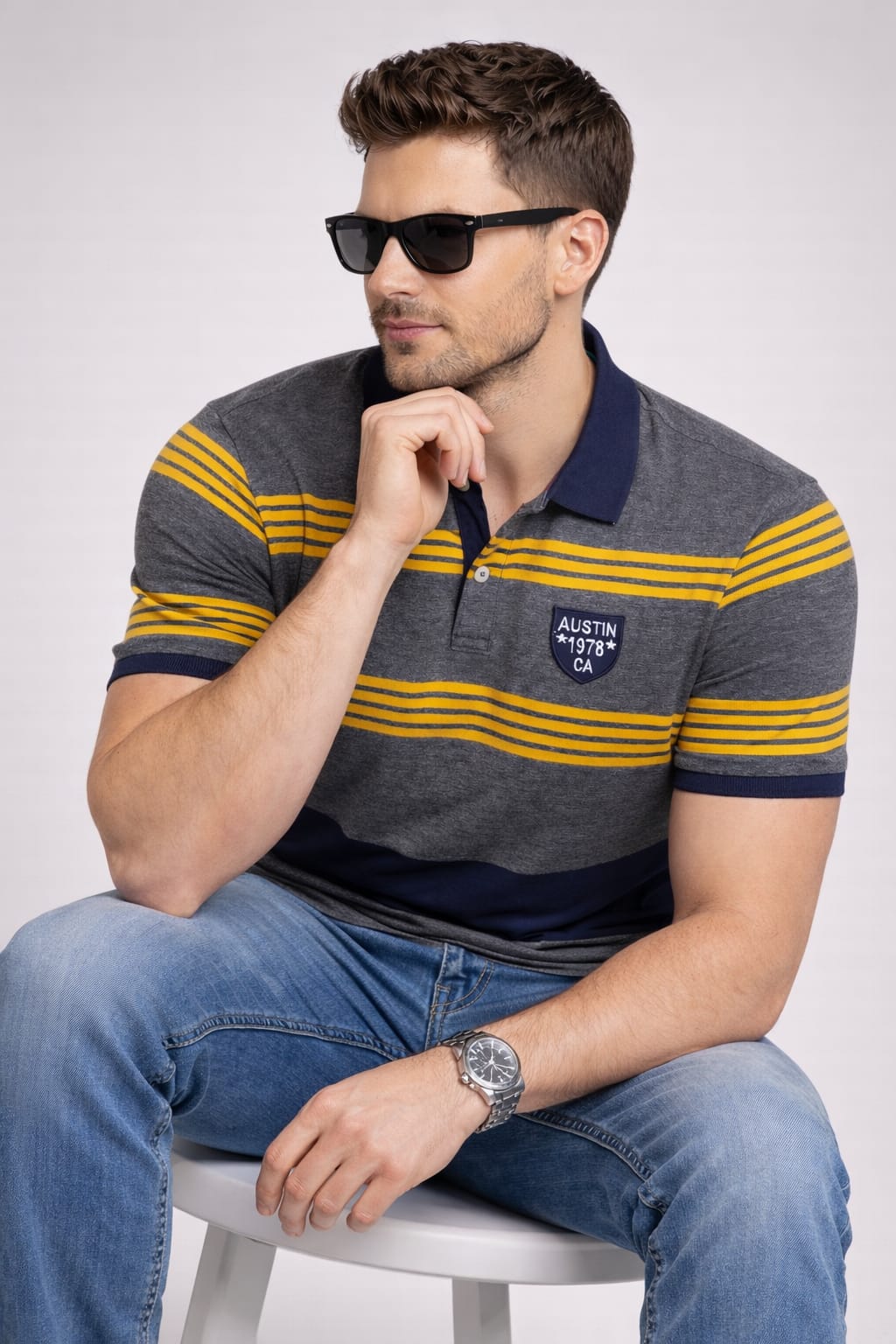 Austin Wood Grey Stripers Polo T-shirt