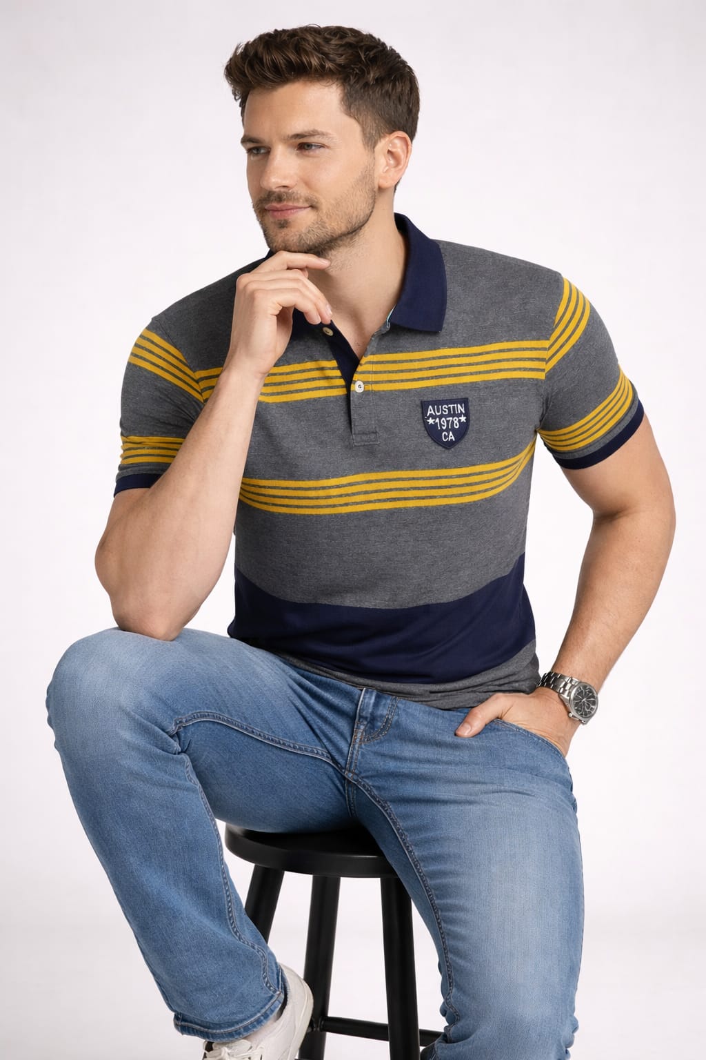 Austin Wood Grey Stripers Polo T-shirt