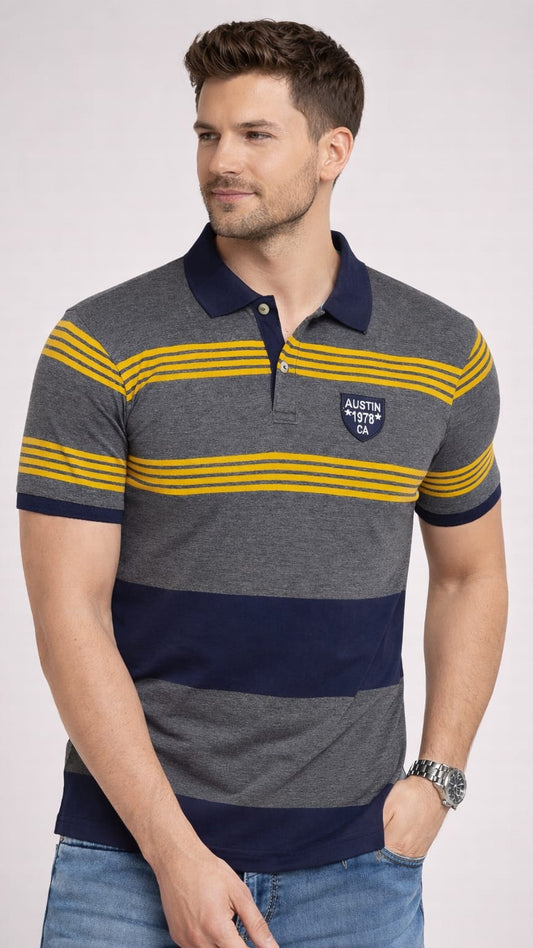 Austin Wood Grey Stripers Polo T-shirt