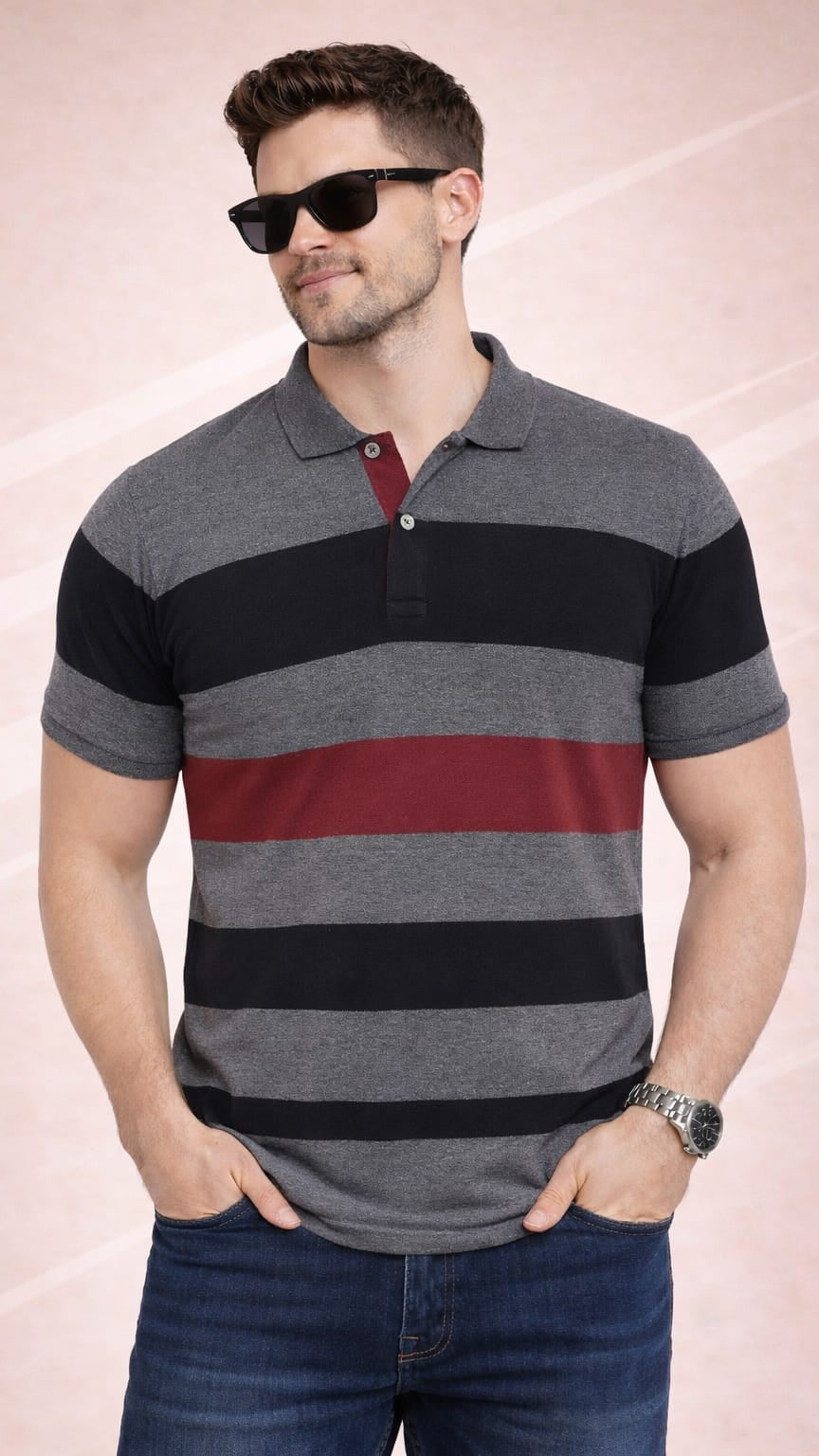 Grey Striper Polo T-shirt