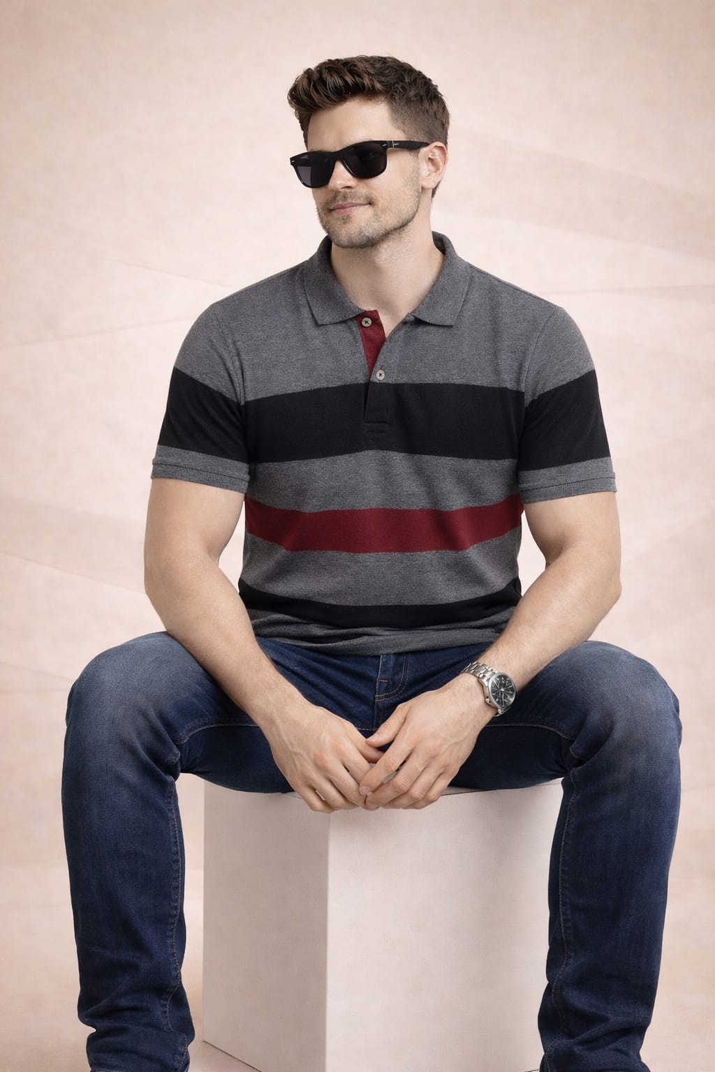 Grey Striper Polo T-shirt