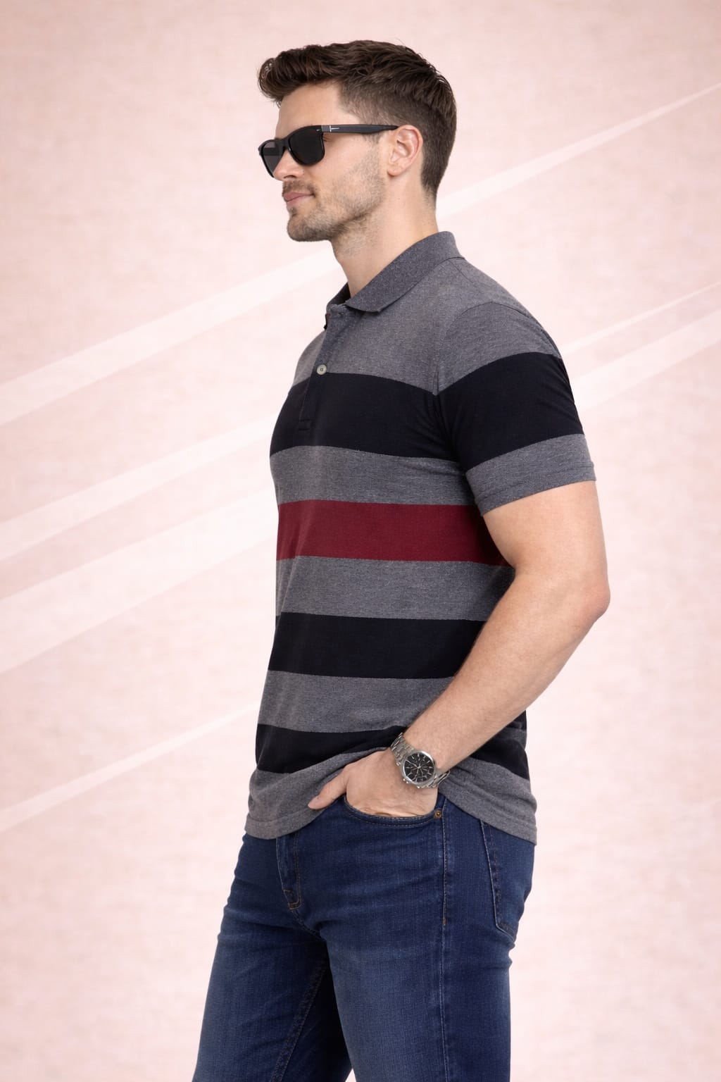 Grey Striper Polo T-shirt