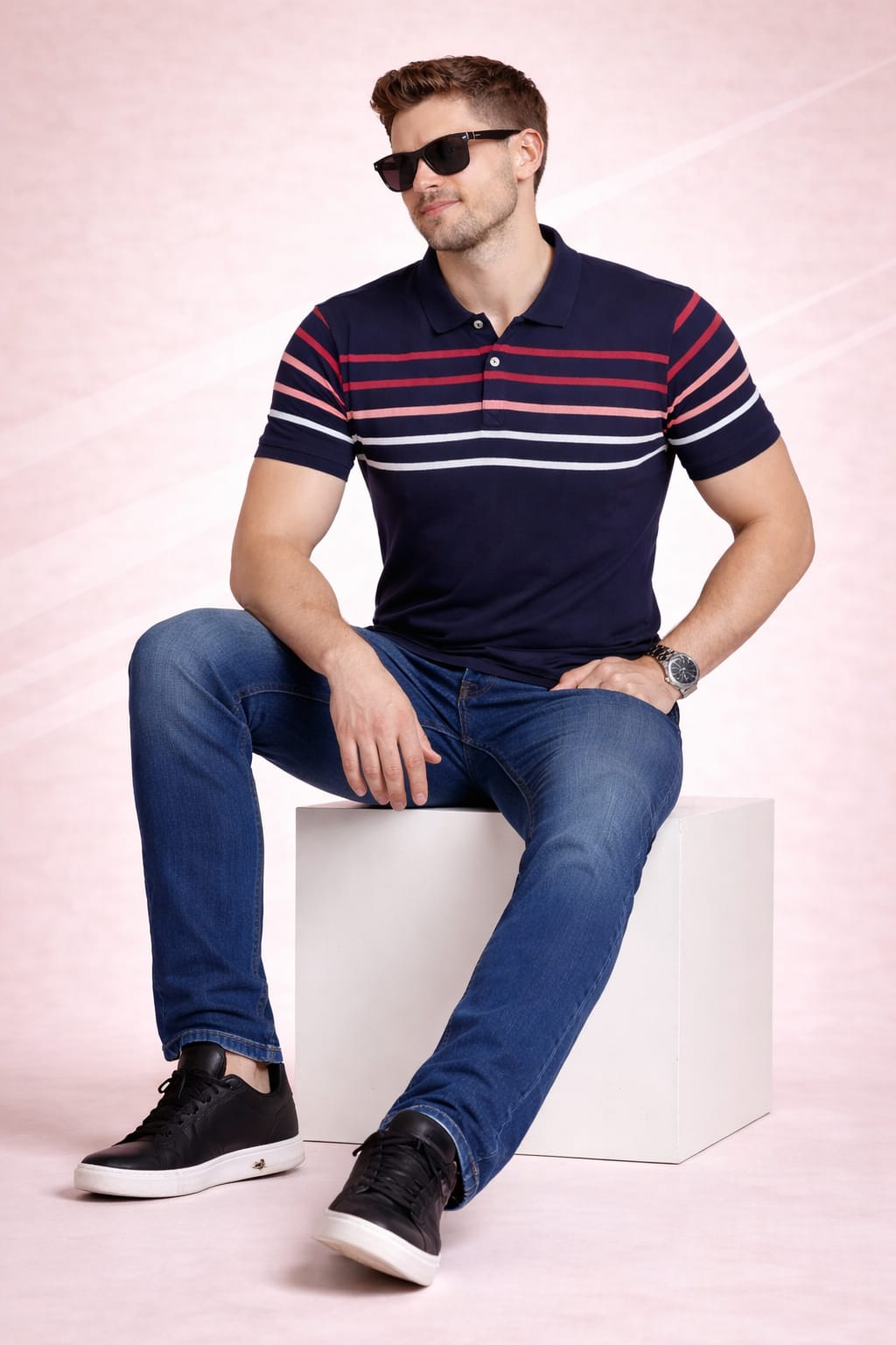 Navy Stripers Polo T-shirt