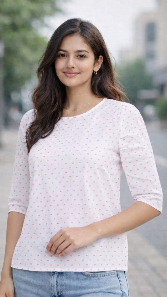 Austin Wood Casual Half Sleeve Printed Women White Top