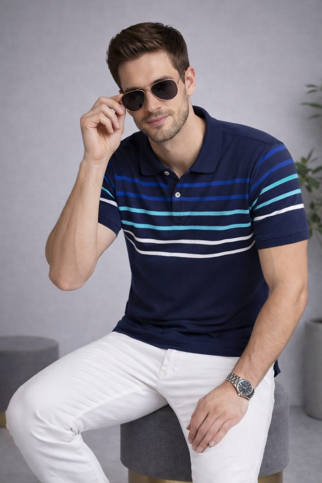 Navy Stripers Polo T-shirt