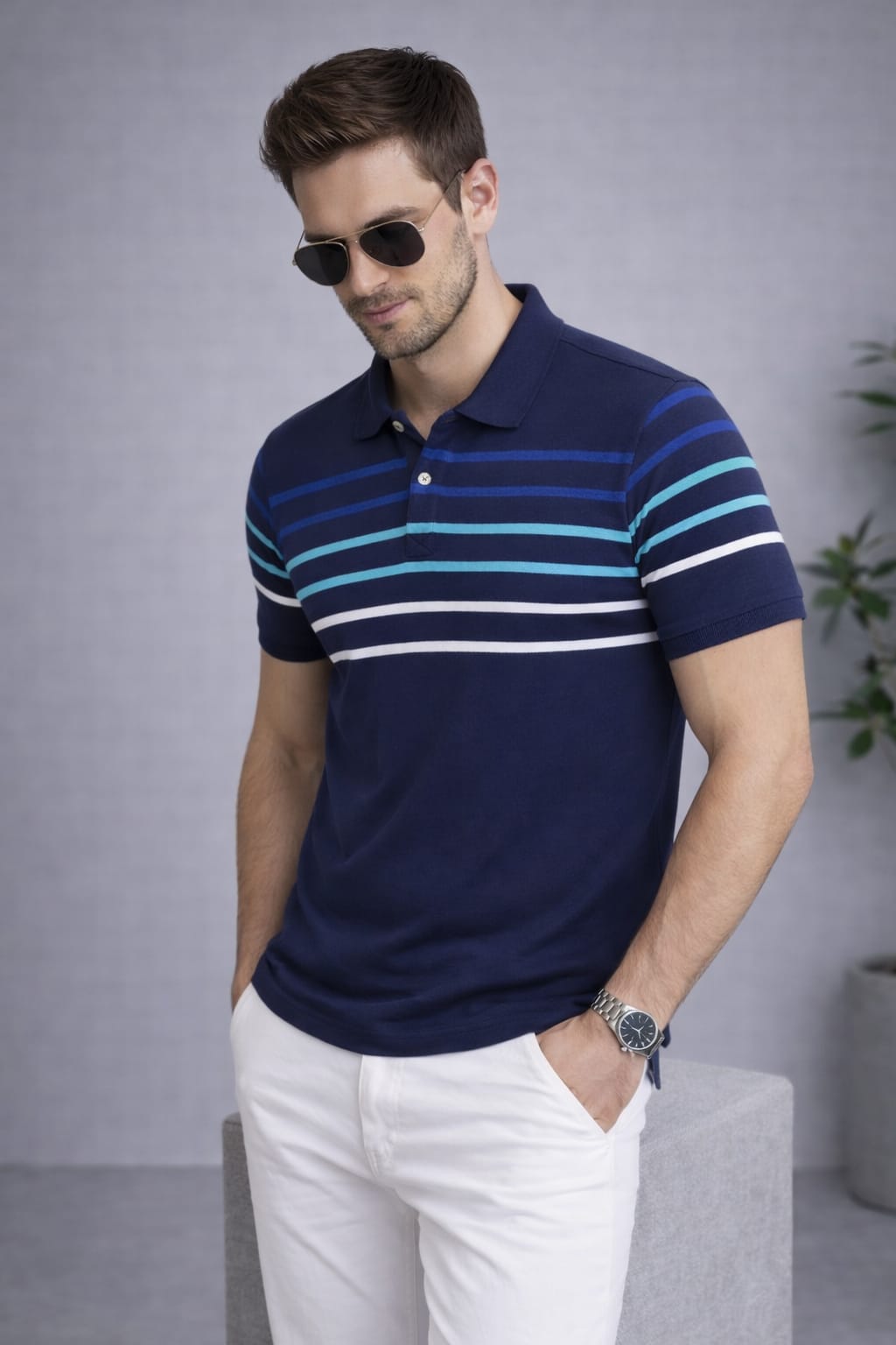 Navy Stripers Polo T-shirt
