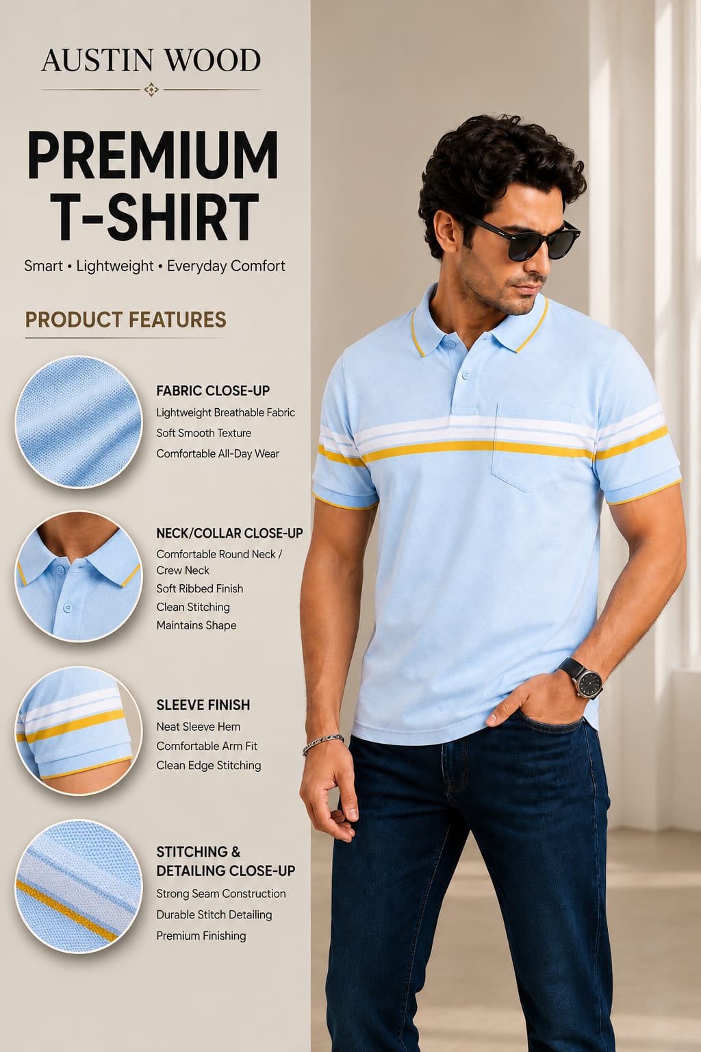Austin Wood Men's Half Sleeves Polo Neck T-shirt