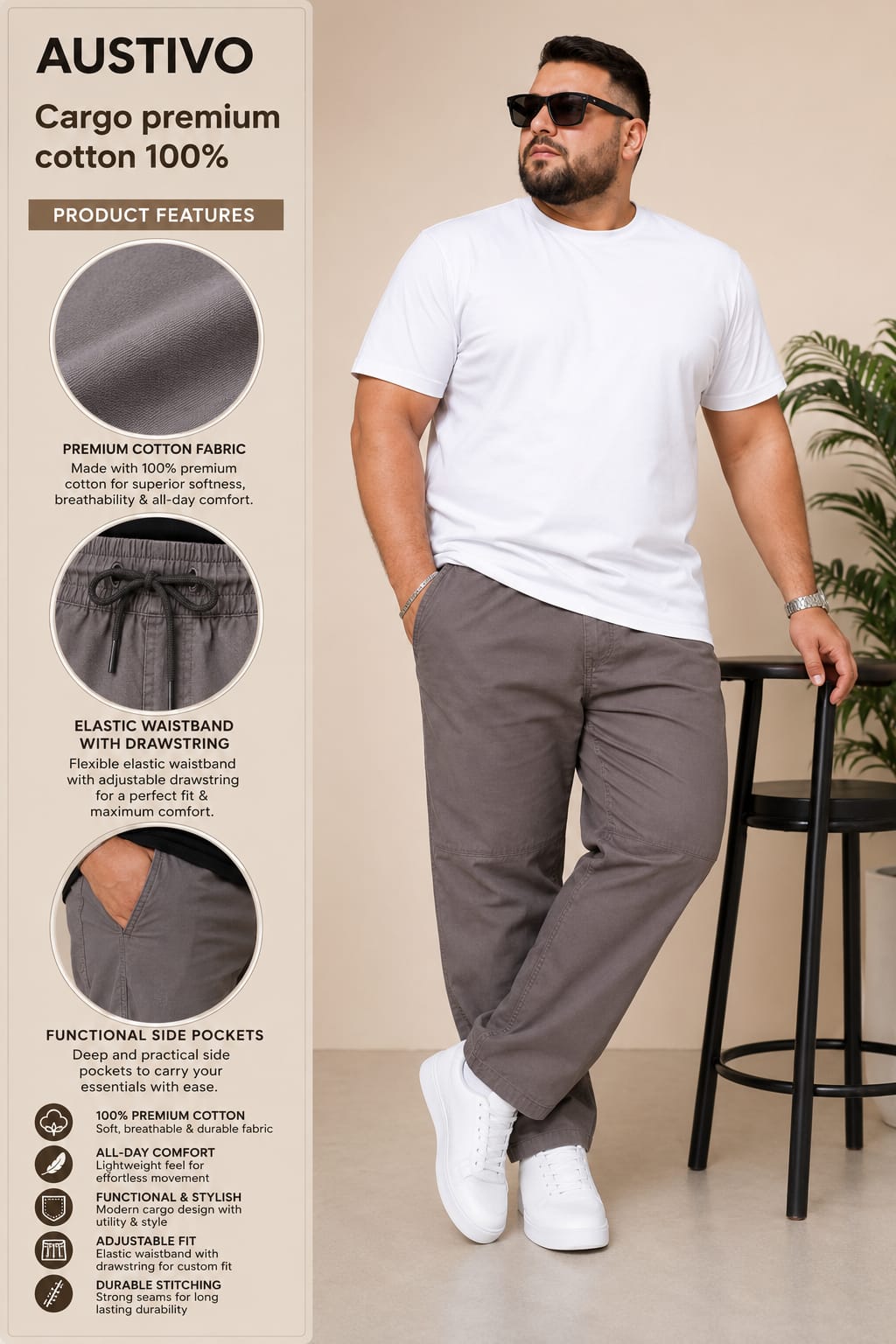 AUSTIVO Premium Men’s Plus Size 100% Cotton Cargo Pants