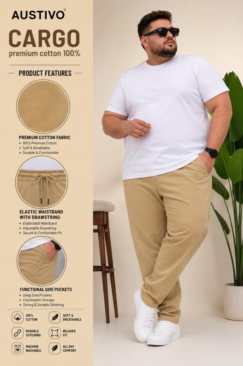 AUSTIVO Premium Men’s Plus Size 100% Cotton Cargo Pants