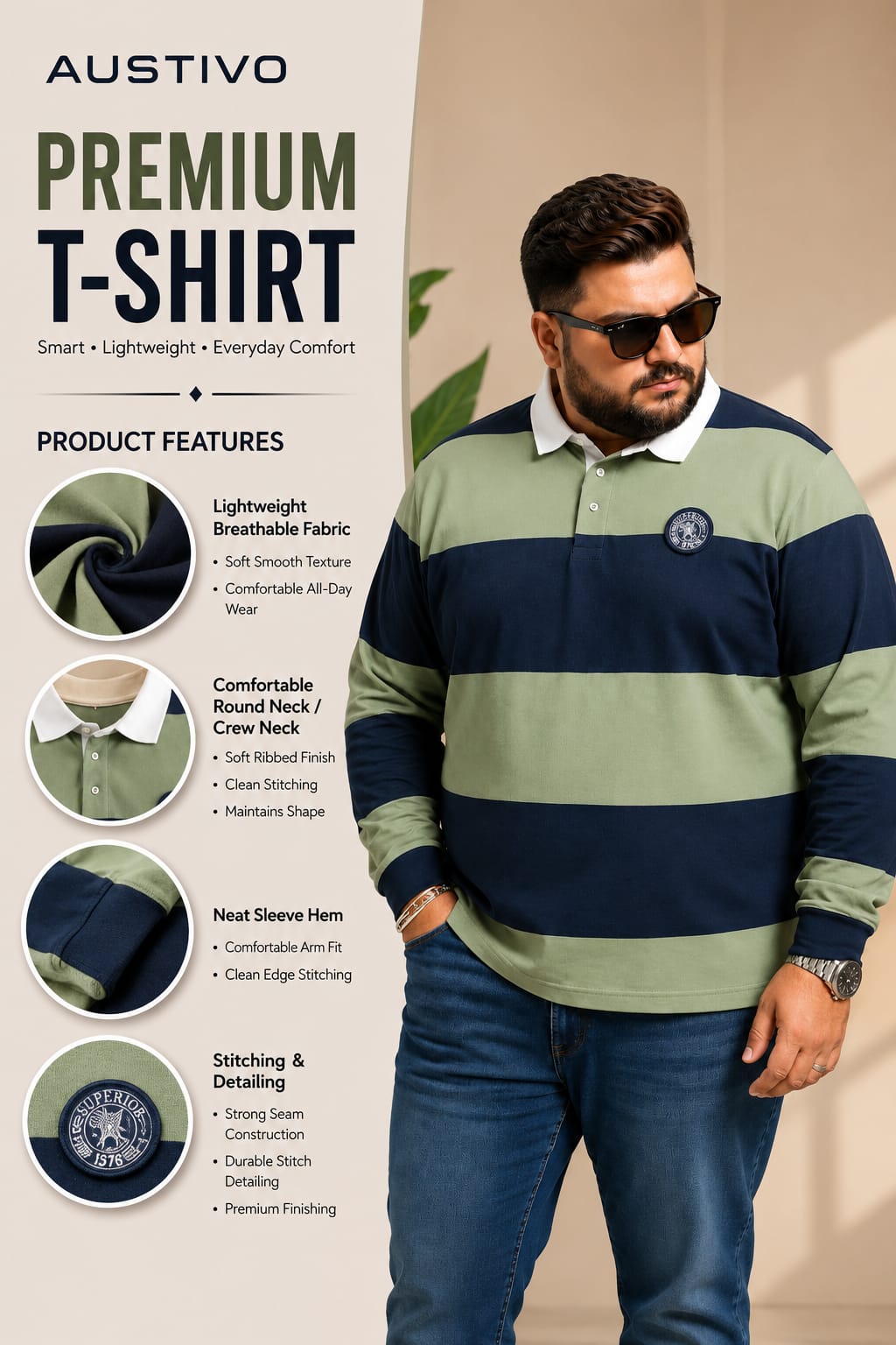 AUSTIVO Men's Plus Size Full Sleeve Polo Neck T-Shirt