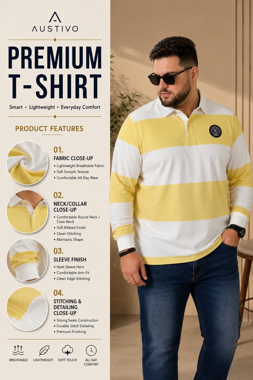 AUSTIVO Men's Plus Size Full Sleeve Polo Neck T-Shirt