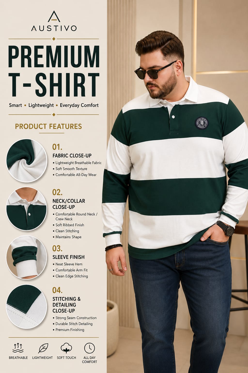 AUSTIVO Men's Plus Size Full Sleeve Polo Neck T-Shirt