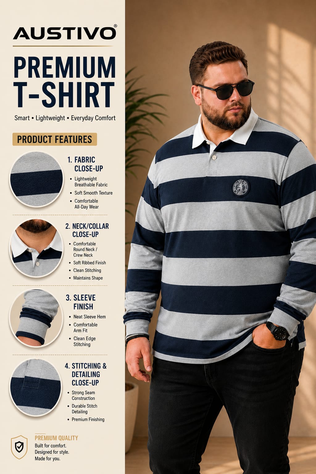 AUSTIVO Men's Plus Size Full Sleeve Polo Neck T-Shirt