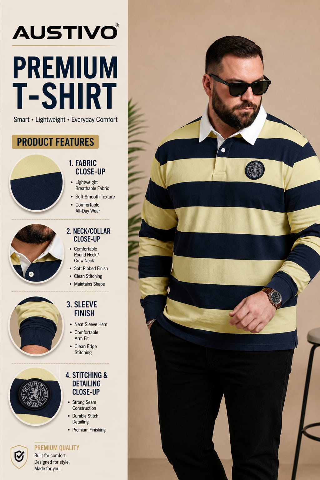 AUSTIVO Men's Plus Size Full Sleeve Polo Neck T-Shirt