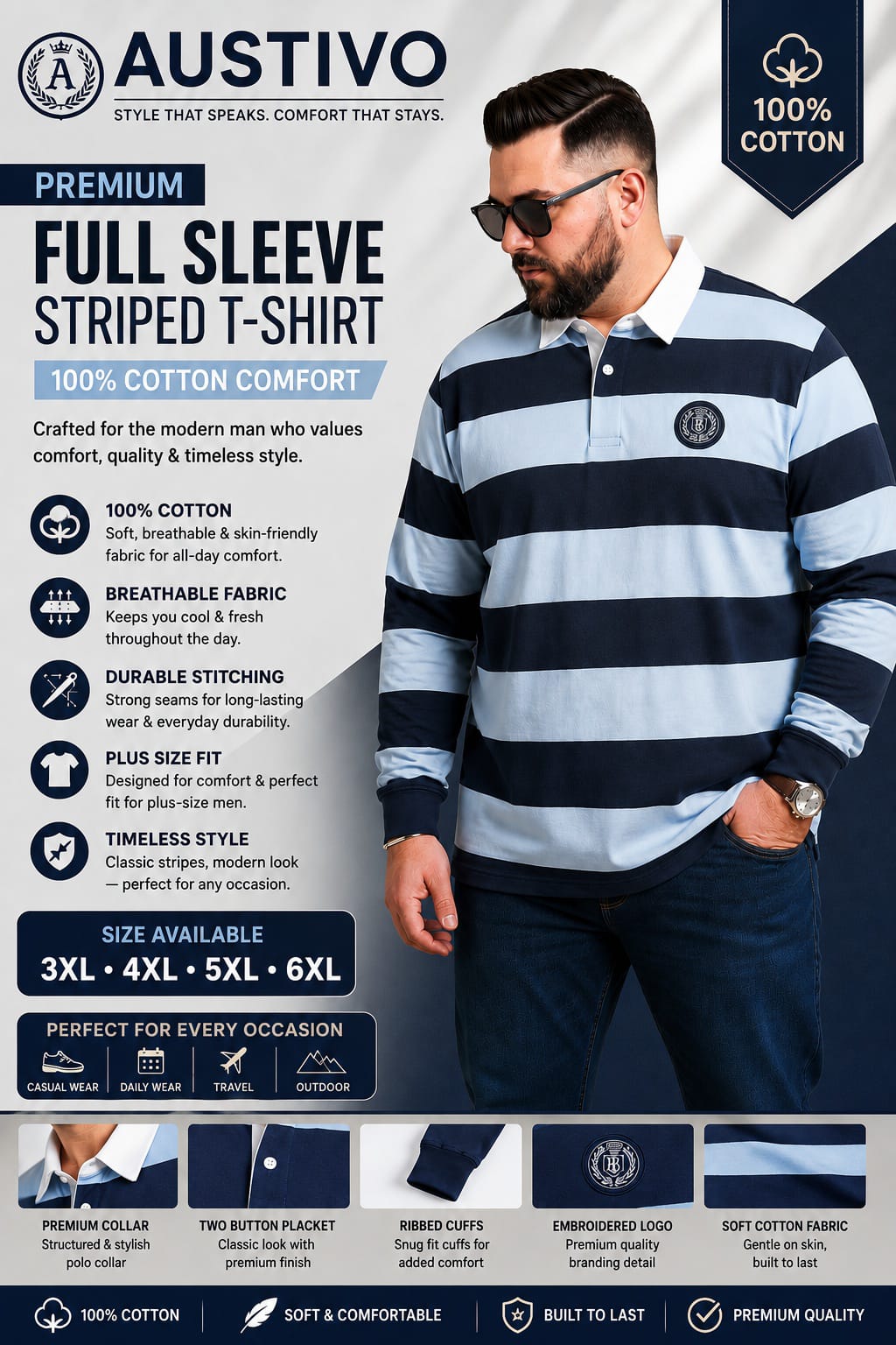 AUSTIVO Men's Plus Size Full Sleeve Polo Neck T-Shirt