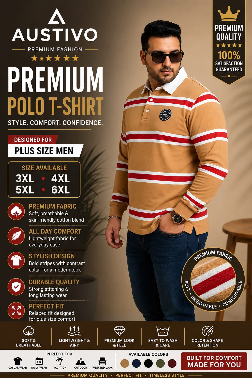 AUSTIVO Men's Plus Size Full Sleeve Polo Neck T-Shirt